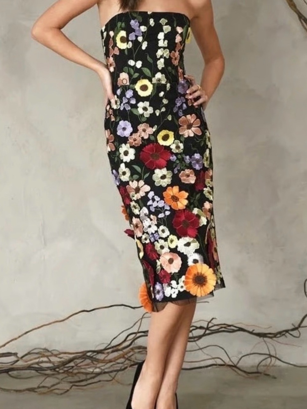 Adelyn Rae Black Strapless Floral Midi Dress